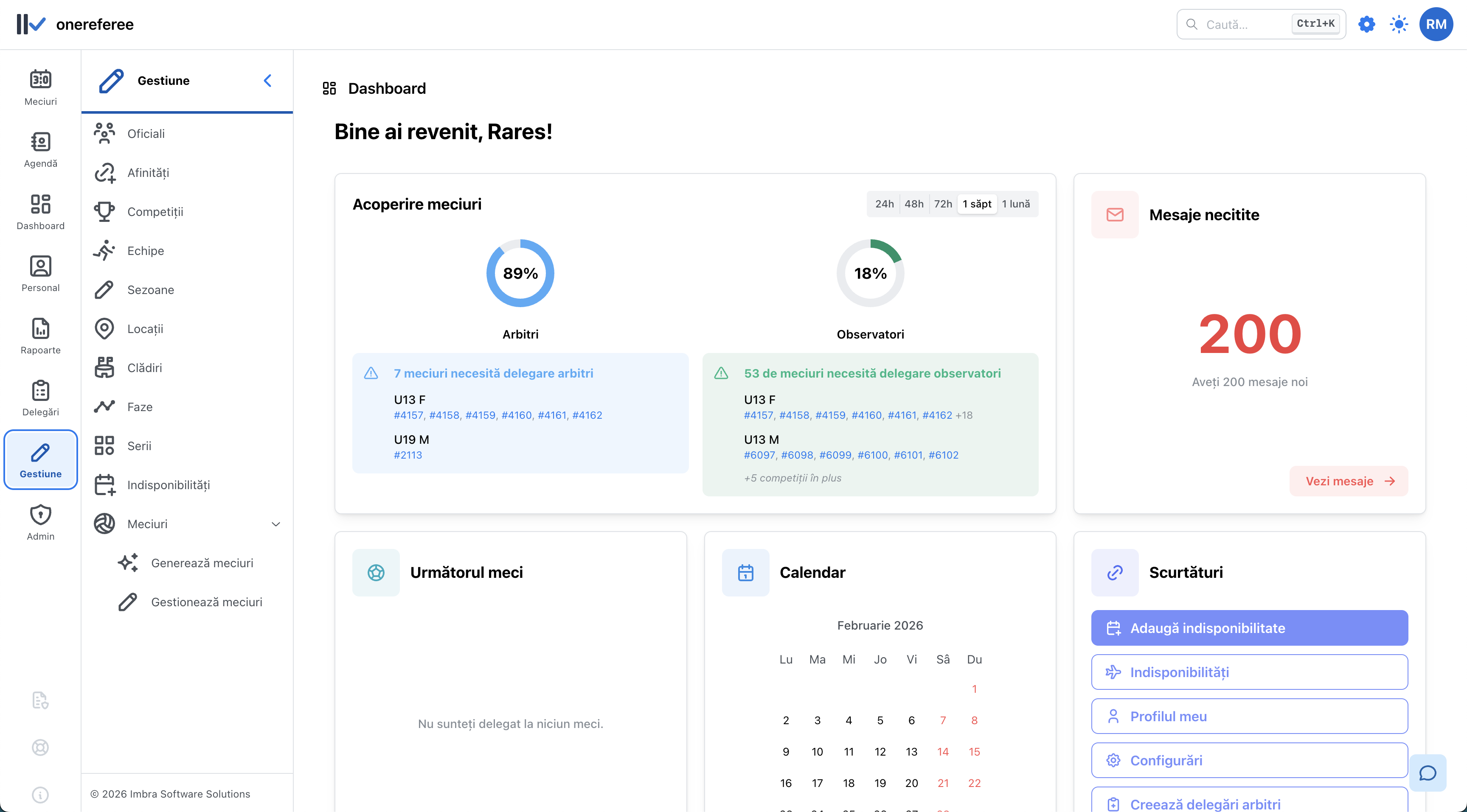 OneReferee platform dashboard showing referee management interface
